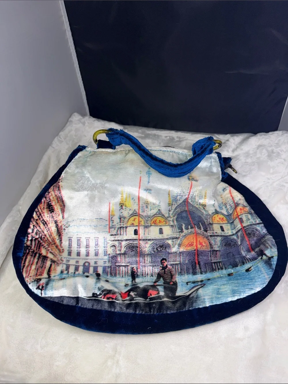 Vintage Diesel Blue Velvet Venice Gondola Print Hobo Handbag Y2K Shoulder Bag